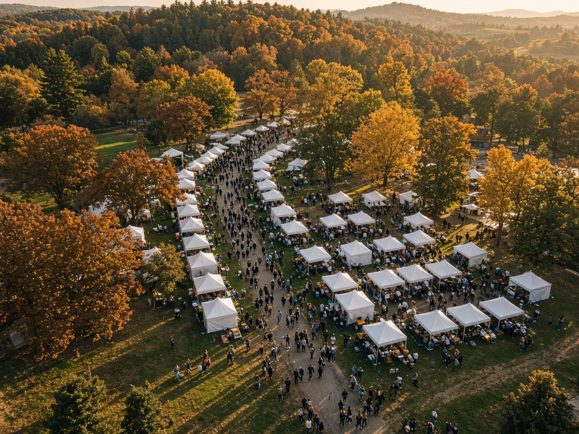 Crowds walking between market tents at golden hour