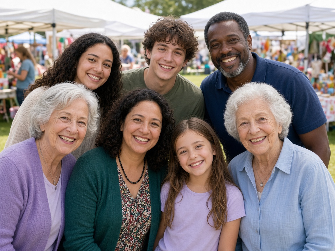 Community group posing together at an outdoor fair