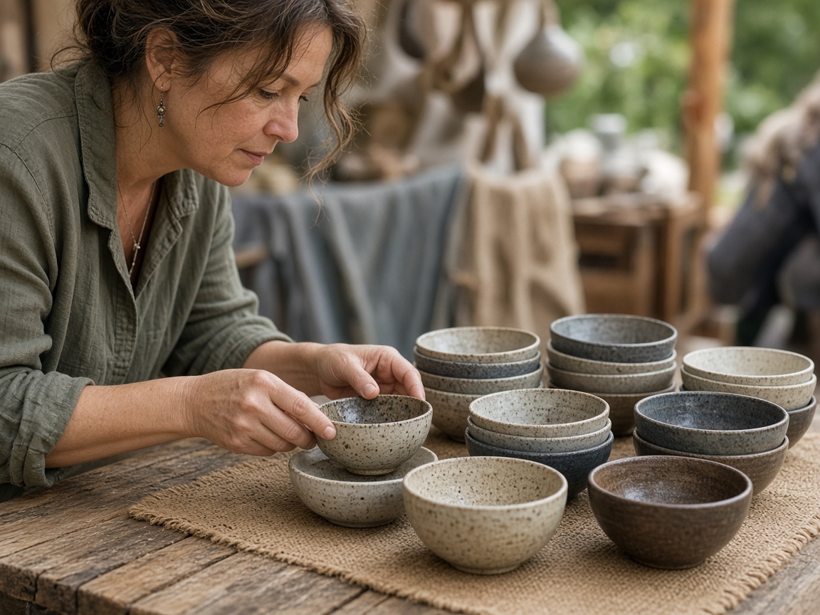 Artisan arranging handmade ceramics on a fair booth table
