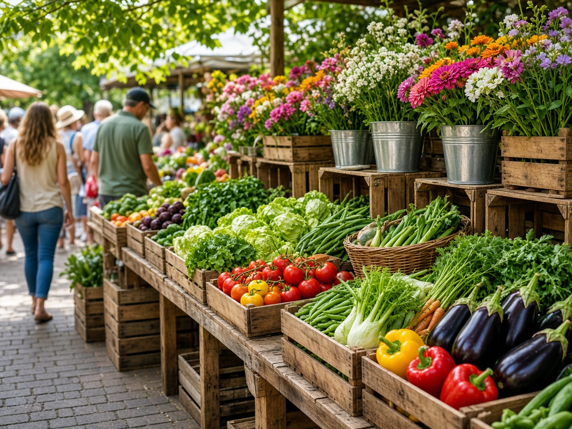 Colorful outdoor market stalls with fresh produce