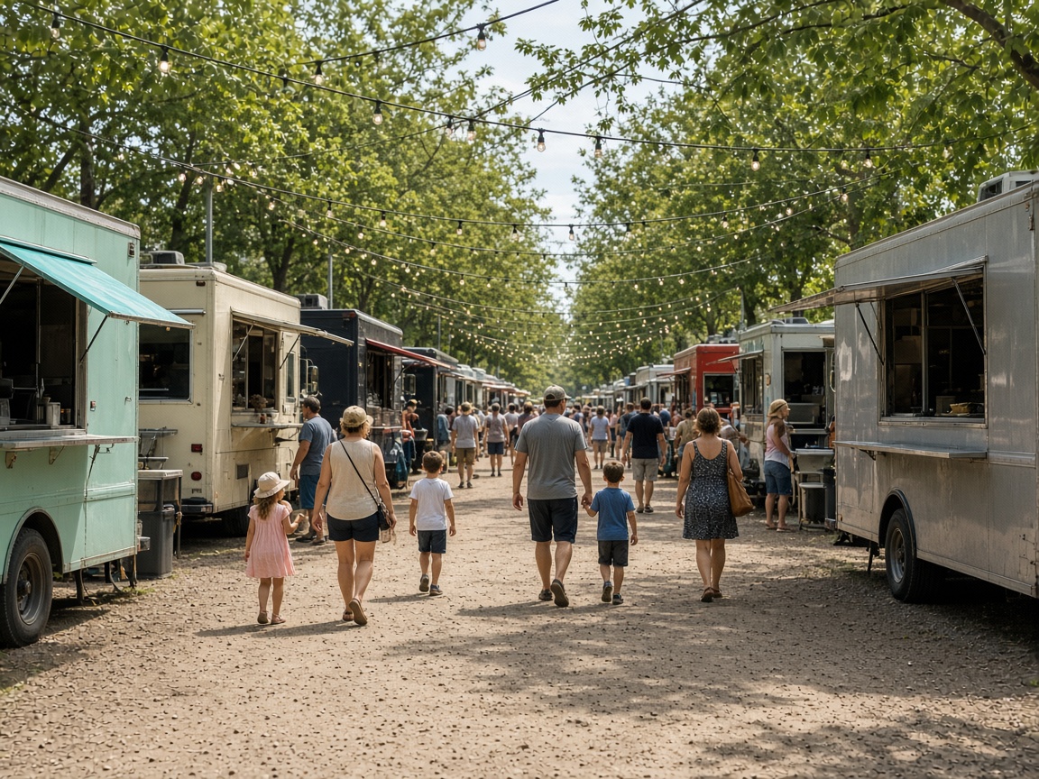 Central midway with food trucks and string lights